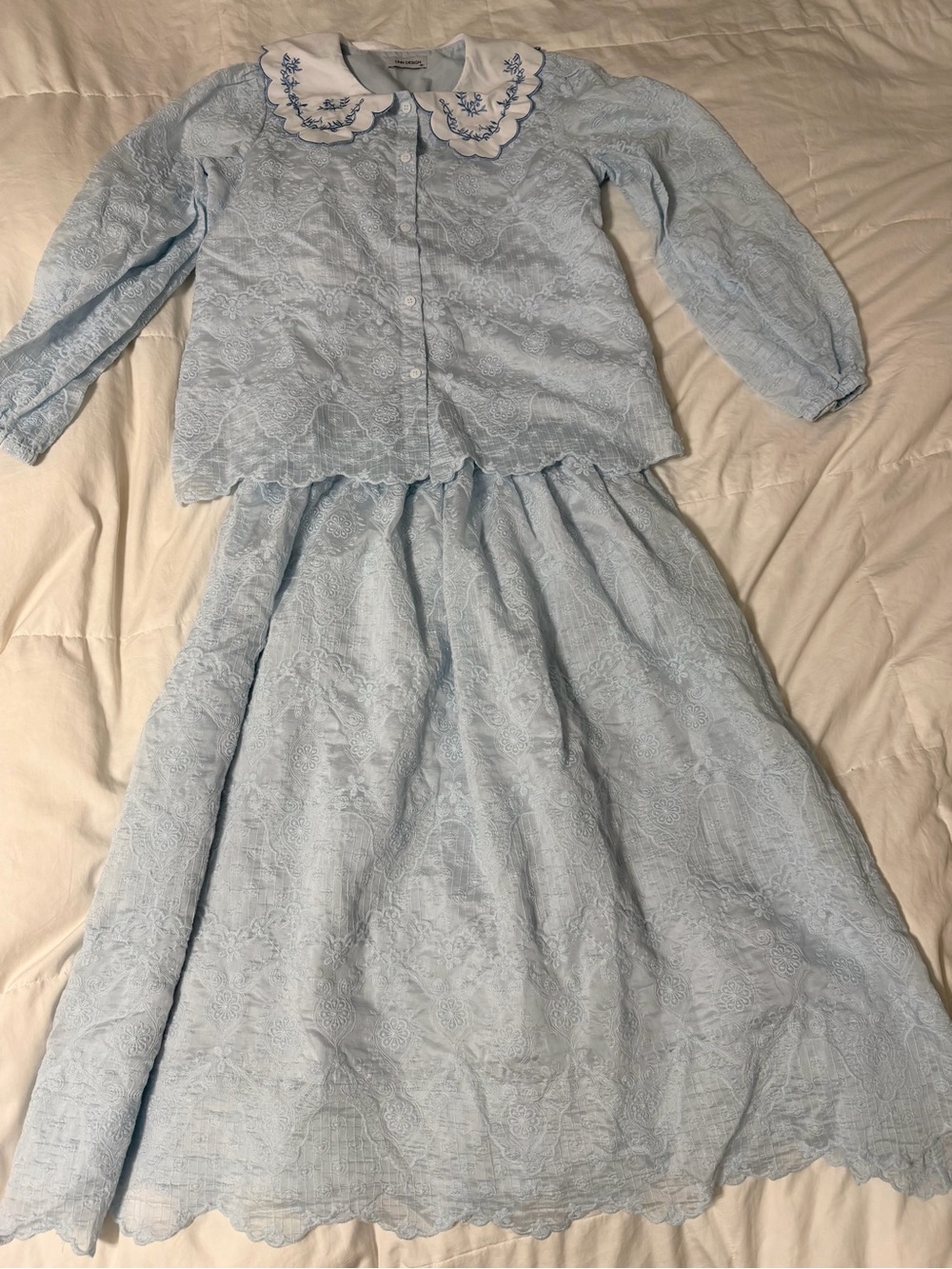 UPDATE - Blue Top and Skirt Set, embroidery and Peter Pan collar - Size Medium